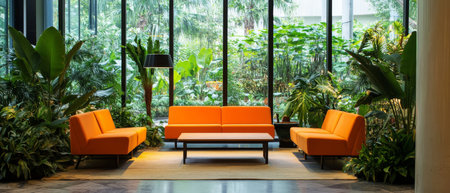 The expansive living room boasts a collection of vibrant orange sofas, lush greenery with various plants, and large glass windows that offer stunning views of the beautiful garden outsideの素材