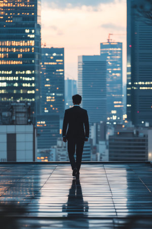 A businessman stands confidently in front of futuristic skyscrapers, symbolizing modern commerce, vibrant city life, and the cuttingedge technology driving societal progress into the futureの素材