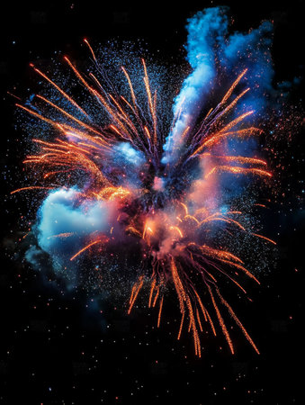 Fireworks light up the night sky in vivid blue and orange, creating an unforgettable atmosphere for everyone to cherish and enjoy, crafting lasting memories to be treasured for yearsの素材