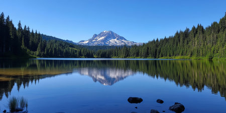 A serene and picturesque mountain lake, nestled among the lush greenery of nature, beautifully reflecting the majestic peaks that rise under a clear, vibrant blue sky, creating a tranquil atmosphereの素材