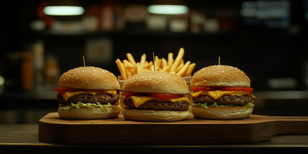 Indulge in an array of mouthwatering Americanstyle burgers, each paired with crispy French fries, making this meal perfect for fast food enthusiasts and standout menu highlights worth tryingの素材