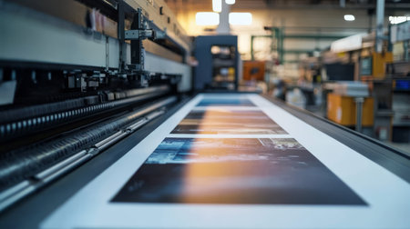 In a busy printing shop, a stateoftheart large format printer tirelessly produces vibrant, highquality prints, utilizing advanced technology to boost operational efficiency and productivityの素材