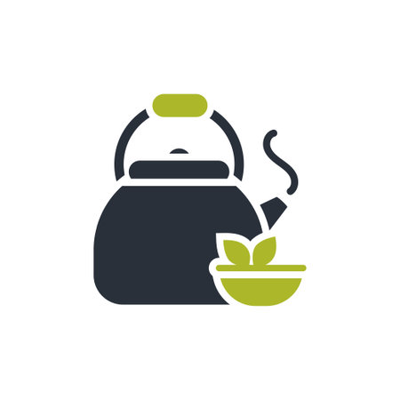 This beautifully designed icon features an elegant kettle and a bowl of fresh herbs, embodying the cozy essence of tea time and a tranquil spa vibe, perfect for wellness and holistic health themesのイラスト素材