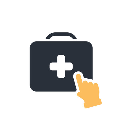 This icon represents ondemand medical assistance, featuring a first aid kit and a pointing hand, highlighting the importance of prompt and accessible healthcare services for those in needのイラスト素材
