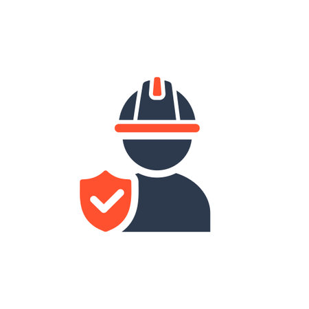 An illustrative icon showing a dedicated construction worker wearing a hard hat and holding a shield, representing the crucial themes of safety and protection within the workplace environmentのイラスト素材