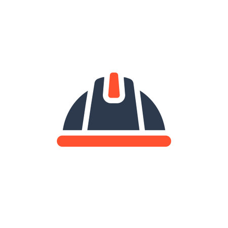 The design features a hard hat icon symbolizing work safety, with a striking contrast of dark blue and vibrant orange, ideal for themes of construction, safety, and occupational healthのイラスト素材
