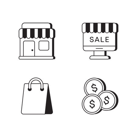 Online Shopping Icon Set Showing Storefront, Sale Monitor, Shopping Bag And Stacked Coins, Minimalist Monochrome Outline Style, Icons For Digital Commerce, Payment And Retail Concept,