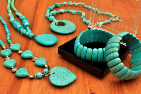 Turquoise Stone Bangle and Necklace in the jewelry box. Natural Stonesの写真素材