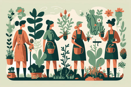 Gardening and planting concept. Flat vector illustration of women working in garden.の写真素材