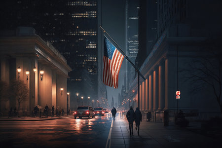 People walking on the street with American flag in the fog. 3D renderingの素材