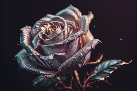 Beautiful rose with drops of water on a dark background. Toned.の素材