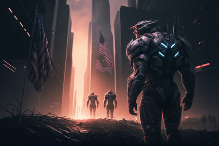 Astronaut on the background of the night city. 3D rendering.の素材