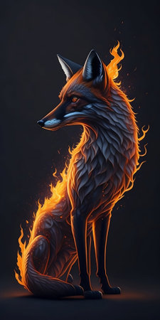 Fantasy image of a fox in the fire on a dark backgroundの素材