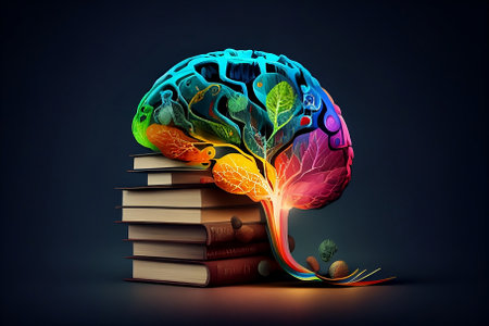 Brain with books and leaves as education concept. 3d illustration.の素材