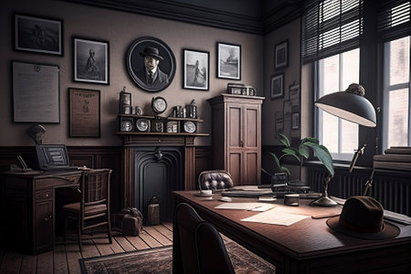 3D rendering of a victorian office interior with desk and chairの素材