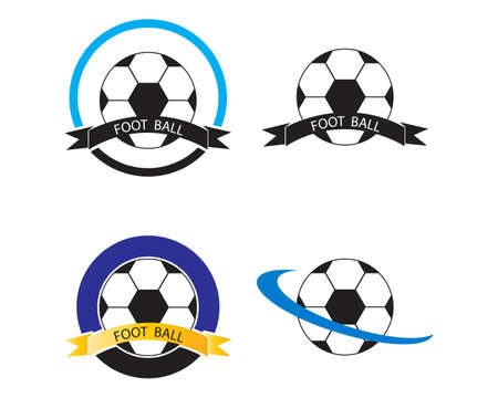 Football and soccer emblems or badges in black and white showing a football with motion trails, flames, banner and crown,wreath and trophyのイラスト素材