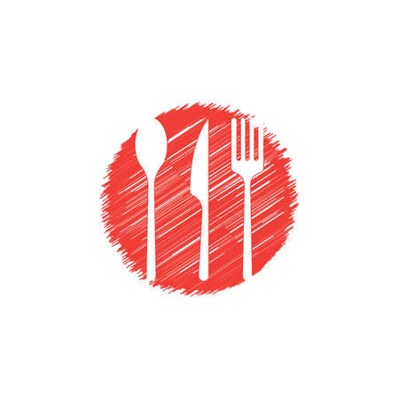 Abstract logo of a cafe or restaurant. A spoon, knife and fork on a plate. A simple outlineのイラスト素材