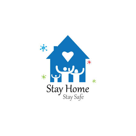 Stay home logo. Stay at home slogan with home and family inside. Stay at home sign. Social Distancing and Self Quarantine. Coronavirus. COVID 19.のイラスト素材