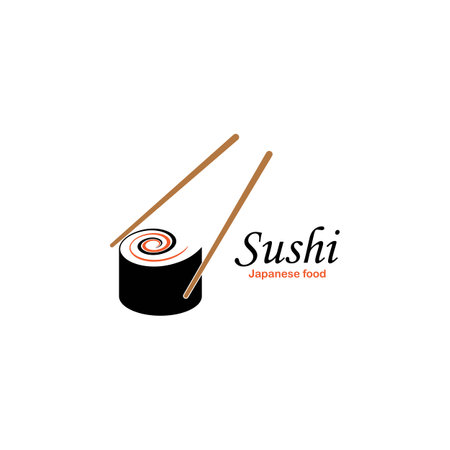 Sushi and rolls with chopstick bar or restaurant vector logo template. Japanese or chinese traditional cuisine, tasty food icon.のイラスト素材