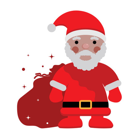 Funny happy Santa Claus character with gift, bag with presents, waving and greeting. For Christmas cards, banners, tags and labels.のイラスト素材