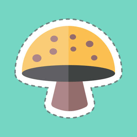 Single Mushroom Sticker in trendy line cut isolated on blue backgroundのイラスト素材