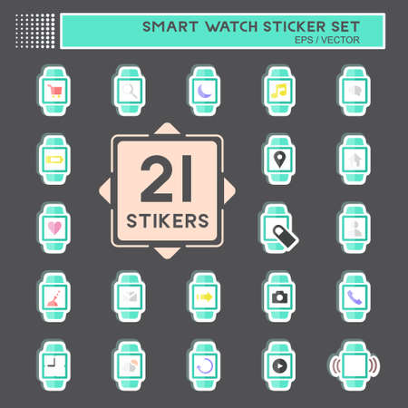 Smart Watch Icon Set Sticker in trendy isolated on black backgroundのイラスト素材