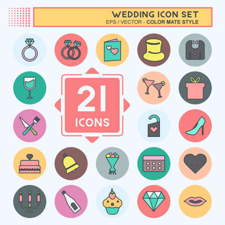 Ilustración de Wedding Icon Set in trendy color mate style isolated on soft blue background - Imagen libre de derechos