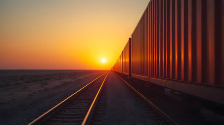 Railway tracks and cargo container at sunset. Transportation and logistics backgroundの写真素材