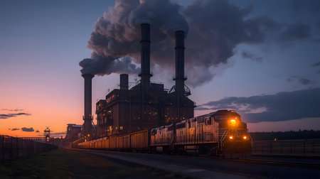 Freight train passing through a coal power plant at sunset in Germanyの写真素材