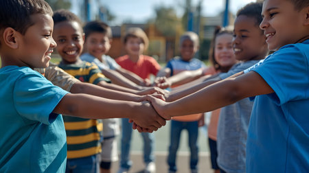 group of happy african american kids holding hands together on playground