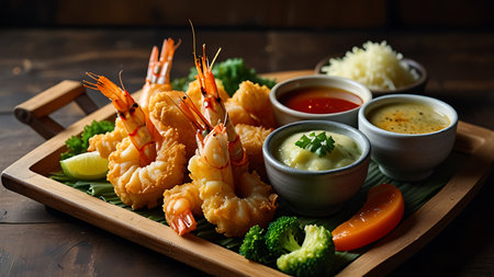 Golden Shrimp and Vegetable Tempura on Bamboo Tray With Dipping Sauce and Steam on Rustic Table With Right Text Spaceの素材