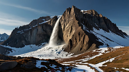 Dark brown mountain range with heavy snow deposits resembling natural glaciers in a remote snowfieldの素材