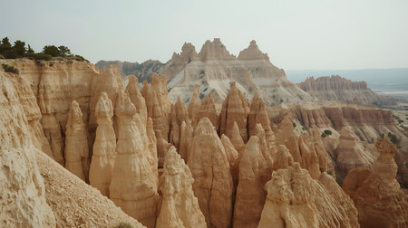 Tall orange rock formations in desert landscape on a sunny day with gray skyの素材