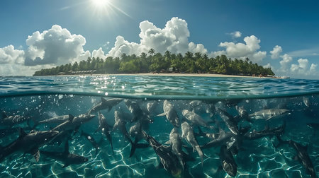 Tropical island white sand beach sharks swimming turquoise waterの素材