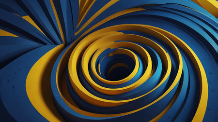 Abstract spiral design featuring blue and yellow layered shapes forming a vortex effect visuallyの素材
