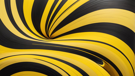Swirling black strokes on vibrant yellow background creating a bold abstract texture with motionの素材