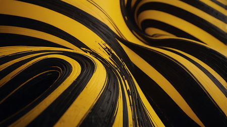 Dark black swirls cut through a bold yellow canvas forming an abstract spiral designの素材