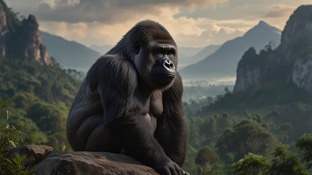 Deep in the rainforest, a lone gorilla seems to reflect on the silence of his vanishing world.の素材