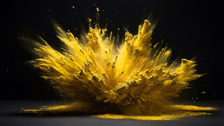 Frozen moment of yellow pigment burst in air over black background with fine particle details and vibrant artistic contrastの素材