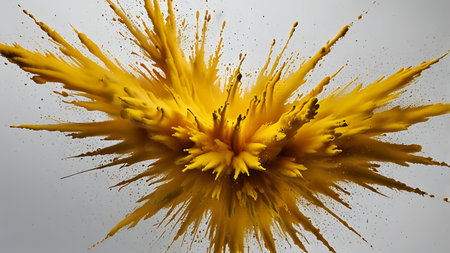Bright yellow powder explosion frozen in motion against a clean white background, showcasing energy, texture, and vibrant artistic contrastの素材