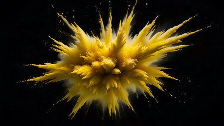 Isolated yellow dust explosion forming a cloud shape over black backdrop with dramatic lighting and energetic motion designの素材