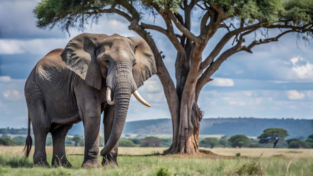 Wild elephant in open grassy plain standing beside tree in daylightの素材