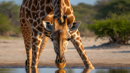 Close-Up Giraffe Drinking Water Spotted Pattern Long Neck Natural Habitat Wildlife Photographyの素材