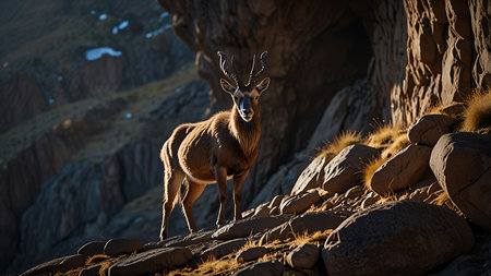 Tranquil markhor at the entrance of a mountain cave overlooking rugged cliffs and valleysの素材