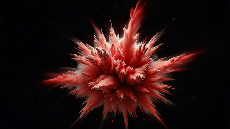 High-impact red pigment explosion on a dark black canvas, featuring swirling dust, bold contrast, and creative visual dynamicsの素材