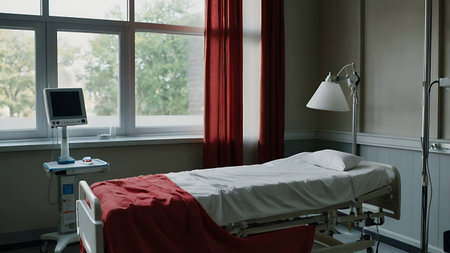 Clean hospital room showing red bed on left side window light soft shadows visitor chair and wall equipmentの素材