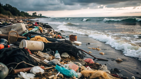 Plastic waste scattered on beach with crashing ocean surfの素材