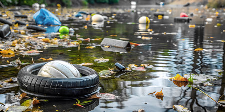 Water pollution with plastic bottles and tire floating in pondの素材