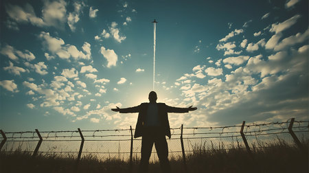 Man silhouette arms outstretched wire fence vibrant sky refugee dayの素材