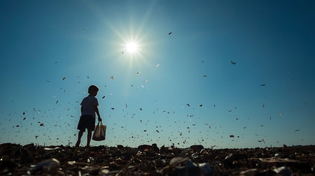 Child environmental awareness plastic waste sunny landscapeの素材